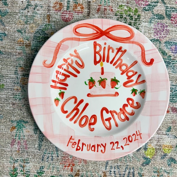 Personalized Strawberry Birthday Plate: Hand-Painted Ceramic, Pink Gingham