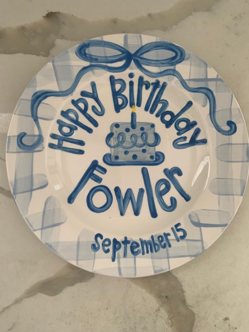 Boys preppy birthday plate // blue gingham and ribbon // first birthday // blue and white // smash cake // 1st birthday // grand millennial image 10