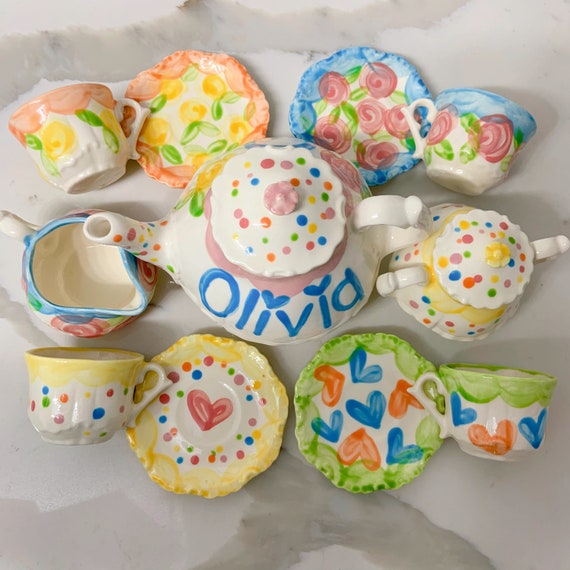 Girls Personalized Tea Set // Whimsical Mix-N-Match Personalized Little Girl's Child's Sized Tea Set & 4 Tea Cups Handpainted... Il_570xn