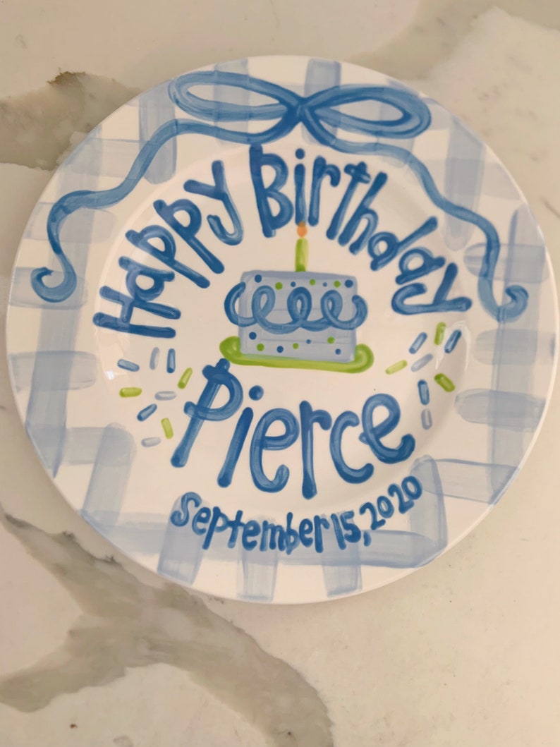 Boys preppy birthday plate // blue gingham and ribbon // first birthday // blue and white // smash cake // 1st birthday // grand millennial image 8