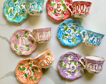 Tea Party Favors // Personalized Tea Cups Handpainted.. . . Happy Colorful Flowers . . Lovely for tea parties and showers. . .