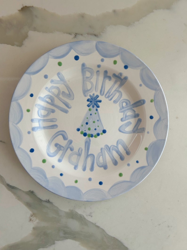 Boys birthday plate // blue scallops and party hat // first birthday // blue white // smash cake // 1st birthday // grand millennial preppy image 3