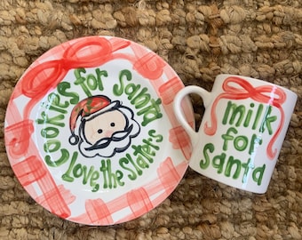 Ribbon & Gingham Cookies for Santa  / mug and personalized   plate set  / Christmas Plate