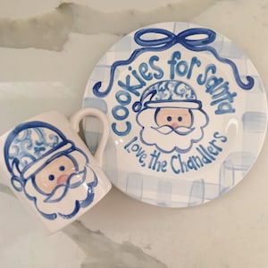 Blue gingham ribbon Cookies and milk for Santa personalized plate & mug / Christmas Plate / Chinoiserie