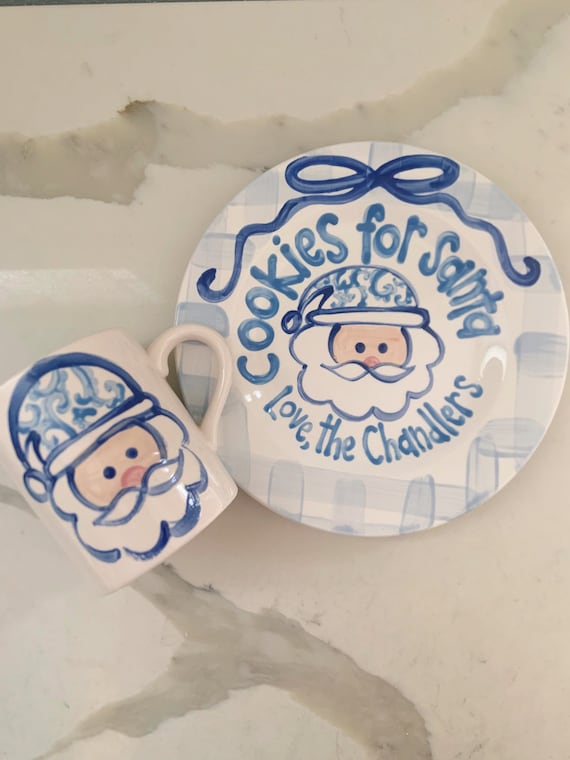 Blue gingham ribbon Cookies and milk for Santa personalized plate & mug / Christmas Plate / Chinoiserie