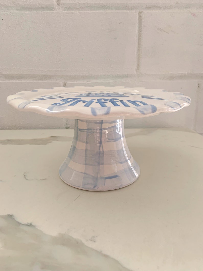 Personalized Cake Stand // boys First Birthday or Smash Cake Stand // grand millennial// preppy // blue white // gingham Blue cake