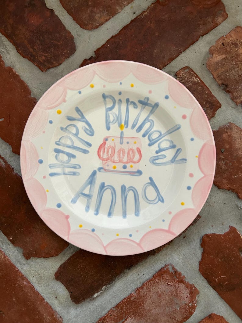 Girls Birthday Plate // Pastel Colors Scallops and dots Personalized First Birthday Plate Plate, Custom handpainted, ceramic kiln fired image 7
