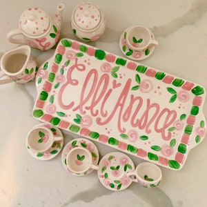 little girls personalized tea set with tray // Lets have some tea // pink roses design
