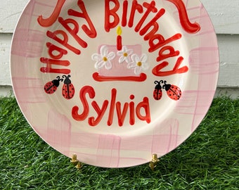 Ladybug Girls birthday plate // pink gingham ribbon // first birthday // pink and white // smash cake // 1st birthday // ladybugs