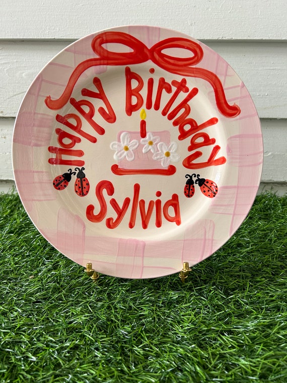 Ladybug Girls birthday plate // pink gingham ribbon // first birthday // pink and white // smash cake // 1st birthday // ladybugs
