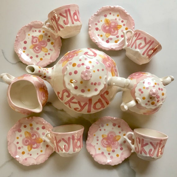 Tea set Personalized for Little girls pink and gold // child's sized Tea Set, Handpainted, Custom, Personalized Il_570xn
