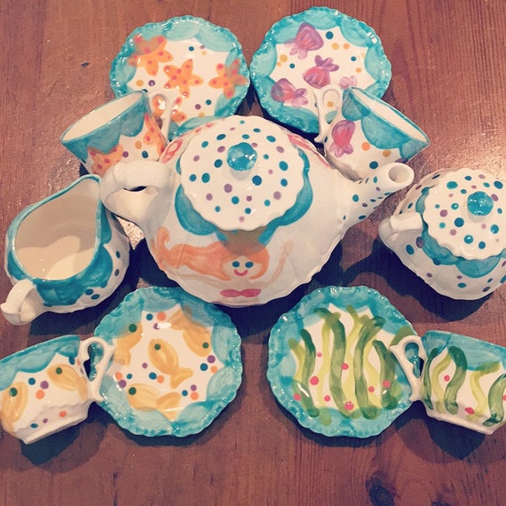Girls Personalized Mermaid Tea Set // Mix-N-Match Personalized Little Girl's Child's Sized Tea Set & 4 Tea Cups Handpainted... Il_570xn