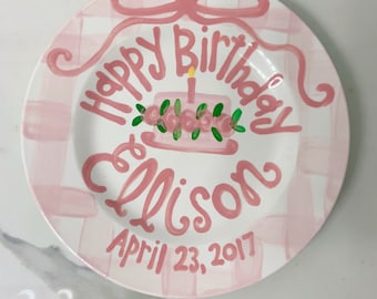 Girls preppy birthday plate / pink gingham bow ribbon first birthday / pink and white / smash cake 1st birthday / grand millennial coquette
