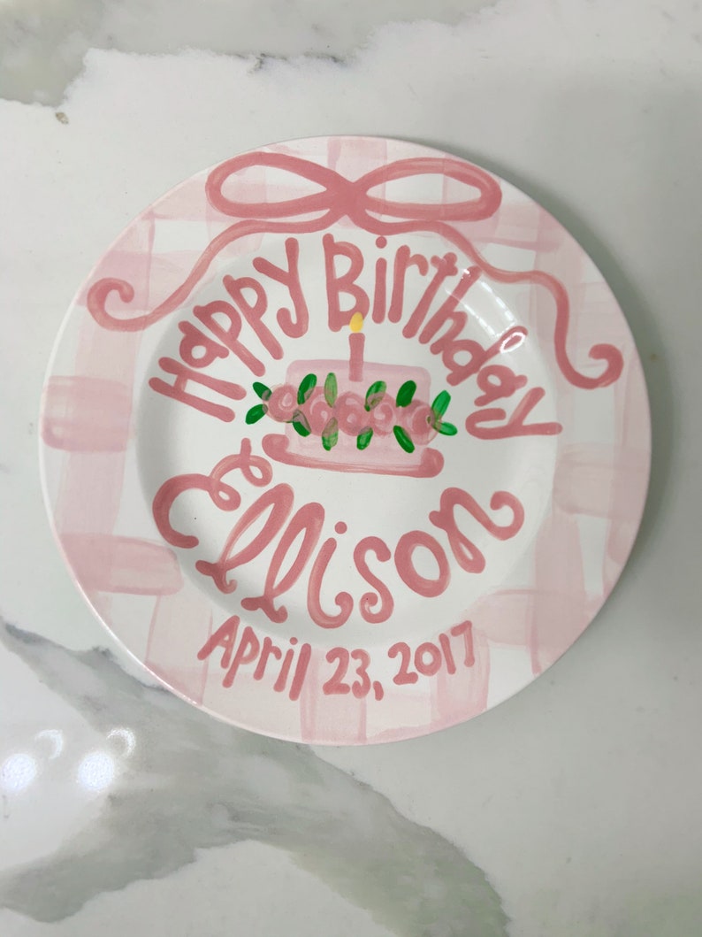 Girls preppy birthday plate // pink gingham and ribbon // first birthday // pink and white // smash cake // 1st birthday // grand millennial image 1