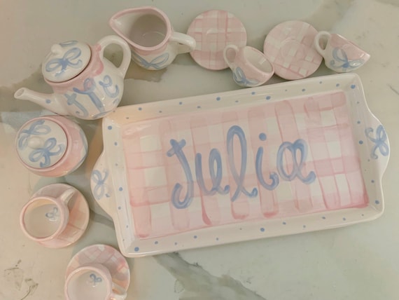 Child’s Tea set in Pink and blue gingham // little girls personalized set with tray // ribbons and bows // tbbc // preppy grand millennial