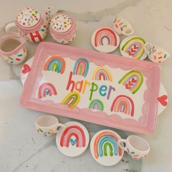 Rainbows and hearts little girls personalized tea set with tray // whimsical rainbow party sprinkles design // first birthday tea party