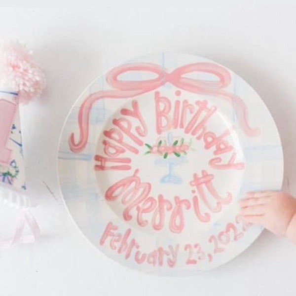 Girls preppy birthday plate // Blue gingham and ribbon // first birthday // pink and white // smash cake // 1st birthday // grand millennial
