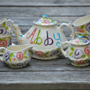 Colorful  Flowers Tea set --   Personalized Little Girl&#39;s Tea Set  Handpainted. . .