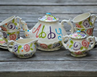 Colorful  Flowers Tea set --   Personalized Little Girl's Tea Set  Handpainted. . .