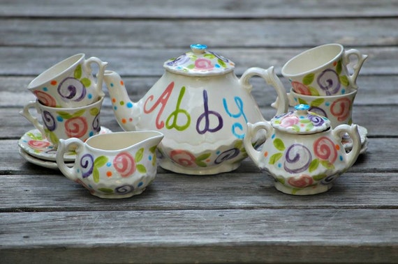 Colorful  Flowers Tea set --   Personalized Little Girl's Tea Set  Handpainted. . .