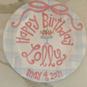 Assiette d'anniversaire preppy pour fille // Vichy bleu et ruban // premier anniversaire // rose et blanc // smash cake // 1er anniversaire // grand millénaire image 3