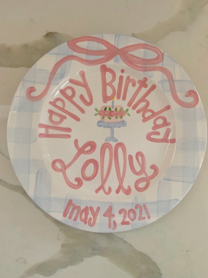 Girls preppy birthday plate // Blue gingham and ribbon // first birthday // pink and white // smash cake // 1st birthday // grand millennial image 3