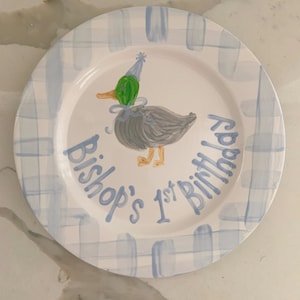 Hand-Painted Duck 1st Birthday Plate: Blue Gingham Heirloom