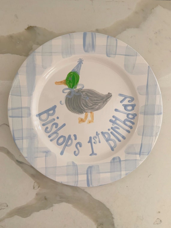 Duck Boys preppy birthday plate // blue gingham ribbon // first 1st birthday // blue and white  // mallard // grand millennial lucky duck