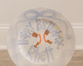 Baseball preppy birthday plate // blue gingham and ribbon // first birthday // little rookie // home run // 1st birthday // rookie of year