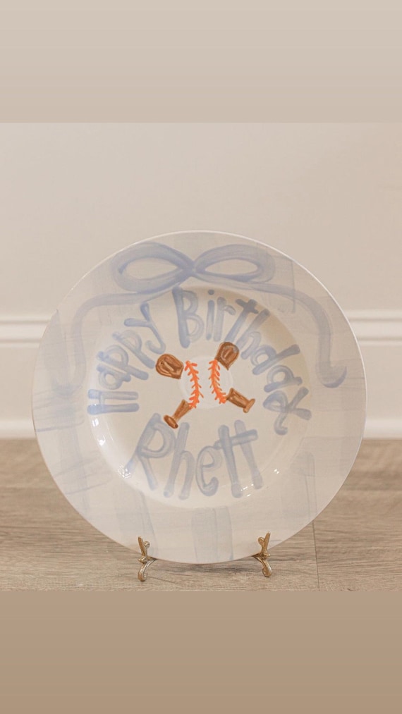 Baseball preppy birthday plate // blue gingham and ribbon // first birthday // little rookie // home run // 1st birthday // rookie of year