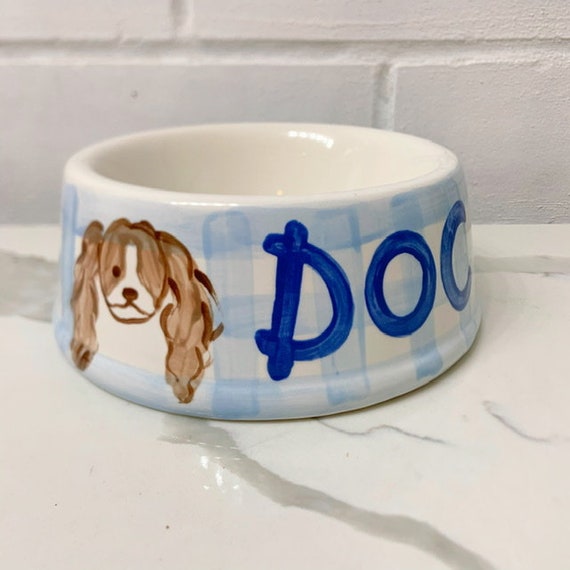 Personalized Puppy Face Dog Bowl Preppy Gingham Handpainted Ceramic Puppy Dish 20 Ounces Etsy