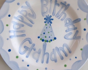 Boys birthday plate // blue scallops and party hat // first birthday // blue  white // smash cake // 1st birthday // grand millennial preppy