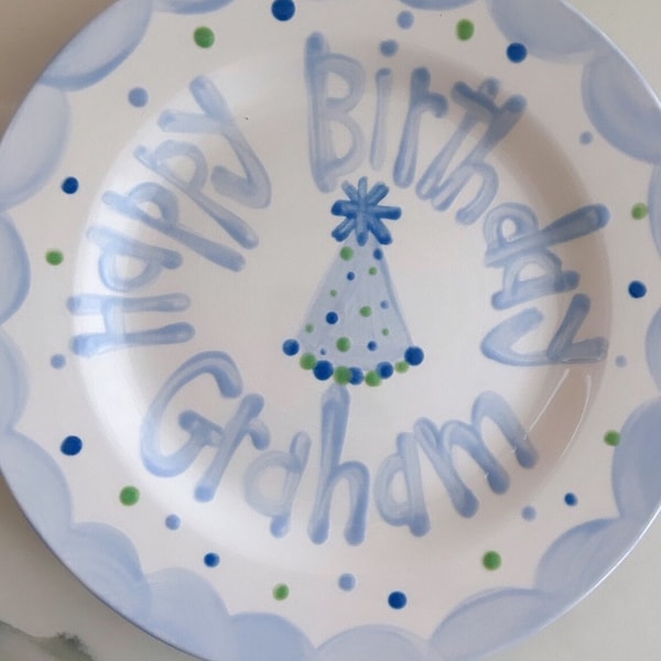 Boys birthday plate // blue scallops and party hat // first birthday // blue  white // smash cake // 1st birthday // grand millennial preppy