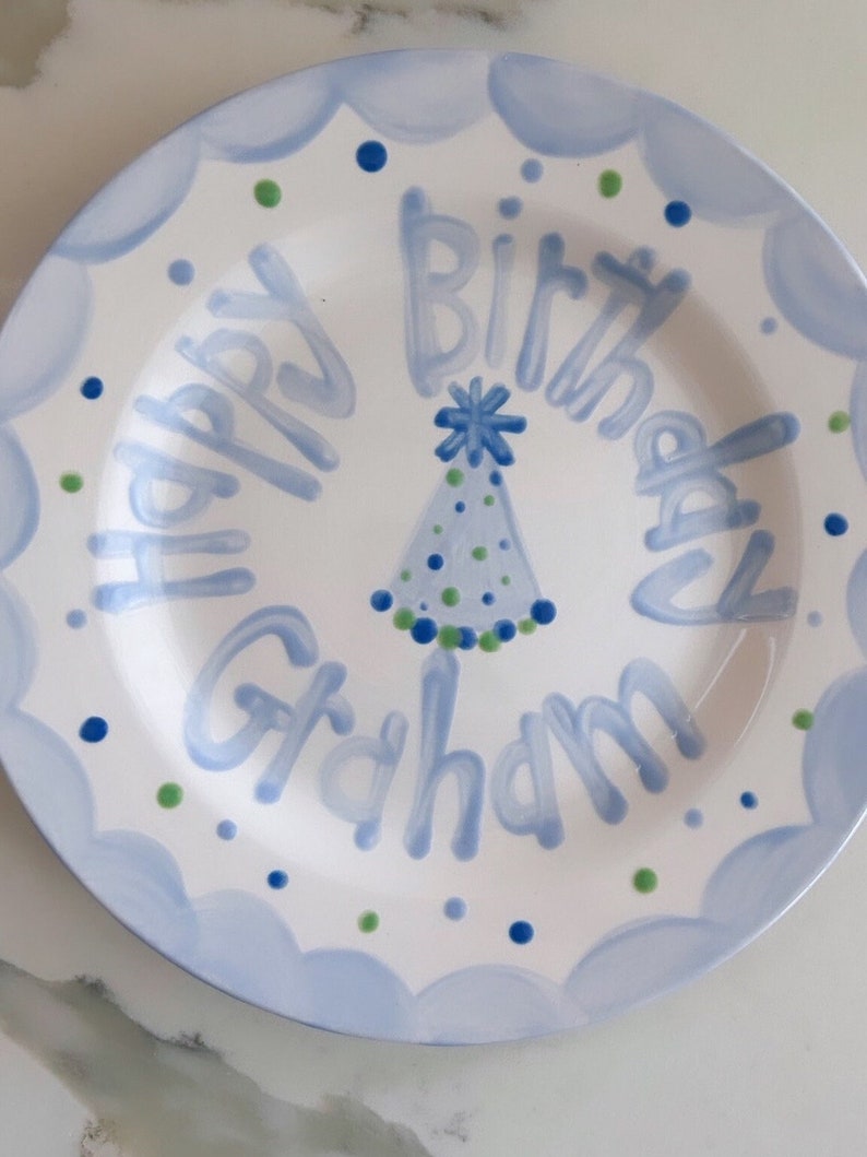 Boys birthday plate // blue scallops and party hat // first birthday // blue white // smash cake // 1st birthday // grand millennial preppy image 1