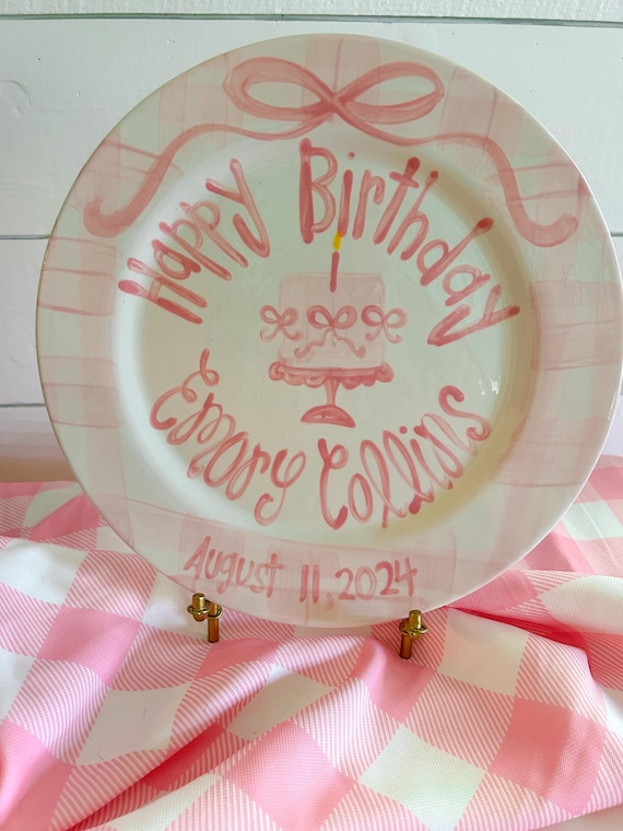 Personalized Birthday Plate, Hand-Painted Ceramic Heirloom bows, gingham and pedestal cake