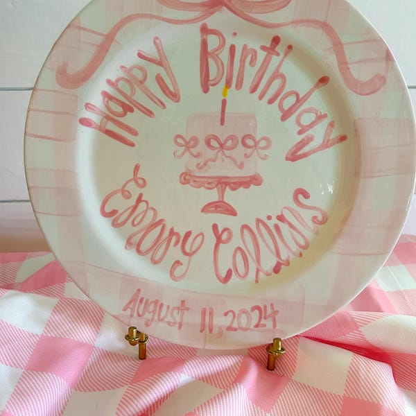 Personalized Birthday Plate, Hand-Painted Ceramic Heirloom bows, gingham and pedestal cake