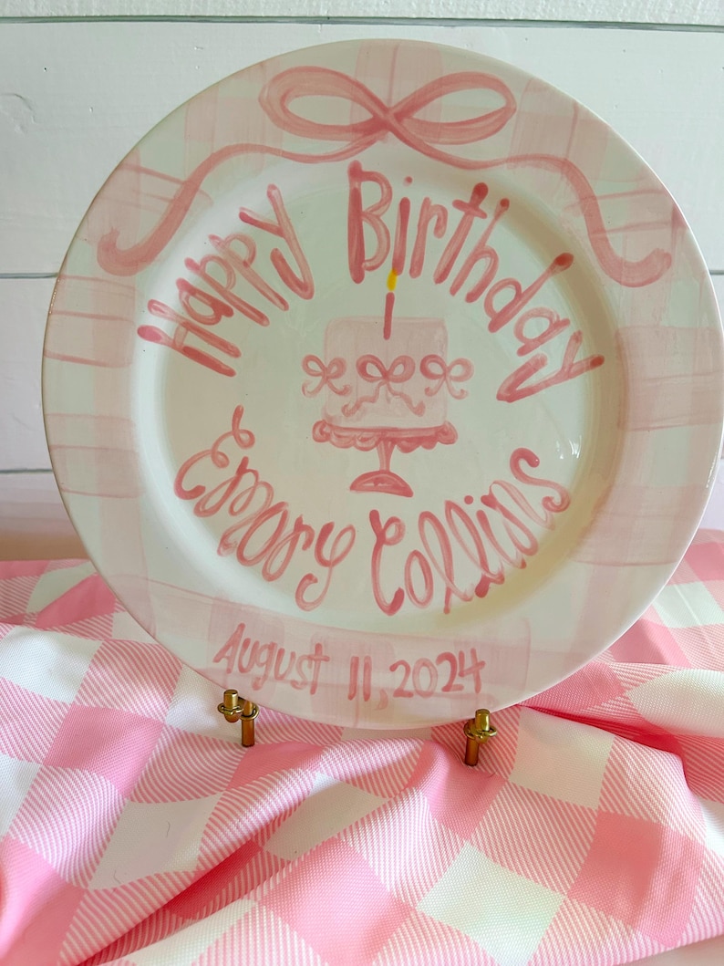 Personalized Birthday Plate, Hand-Painted Ceramic Heirloom bows, gingham and pedestal cake bild 1