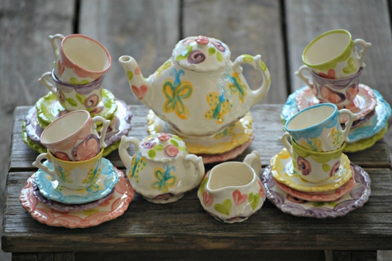Whimsical Mix-N-Match Tea Party Personalized Little Girl's Tea Set & 4 Tea Cups Handpainted...Animal print, hearts, flowers and more Il_570xn
