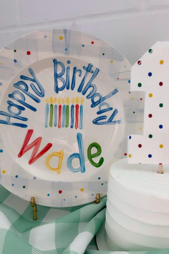 Boys gingham candles and polka dots birthday plate / hand painted / first birthday / blue and white // smash cake / 1st birthday colorful