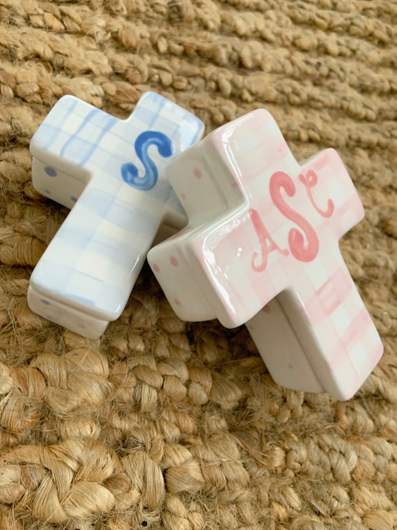 Gingham monogram Cross trinket box // Easter // nursery // pink and white // blue and white