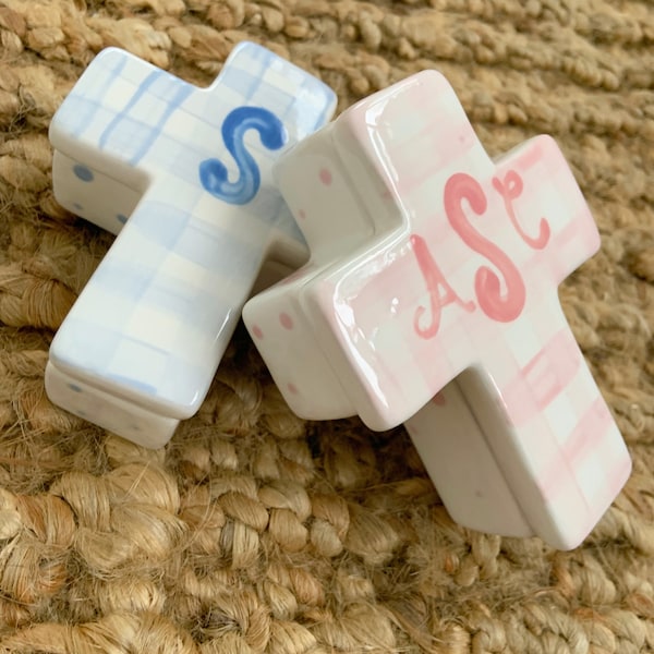 Gingham monogram Cross trinket box // Easter // nursery // pink and white // blue and white