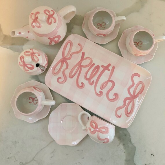 little girls personalized gingham tea set with tray // preppy pink gingham and bows design // tbbc Il_570xn