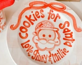 Pink and Red Gingham and Ribbon Cookies and milk for Santa personalized plate