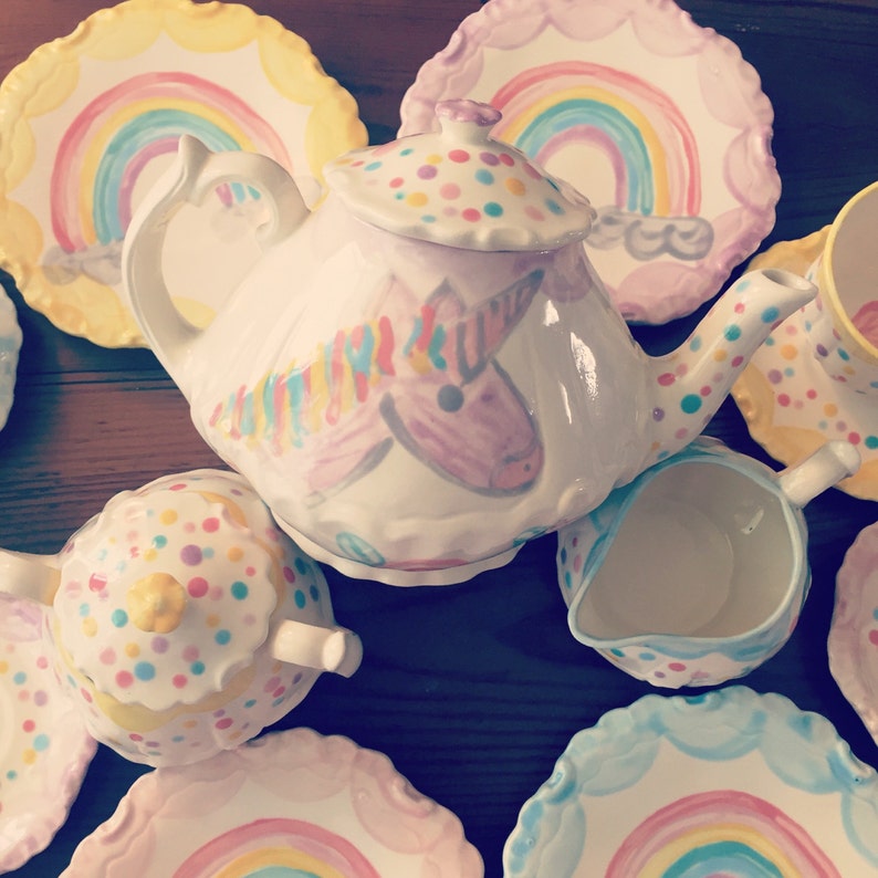 Unicorns & Rainbows Tea set Personalized for Little girls // child's sized Tea Set, Handpainted, Custom, Personalized image 6