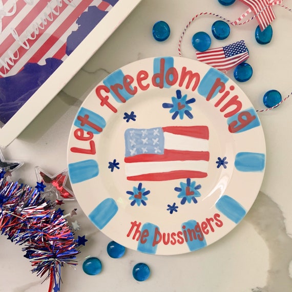 Patriotic Flag personalized plate // Fourth of July USA Let Freedom Ring // Memorial Day // Red White Blue Decor Il_570xn