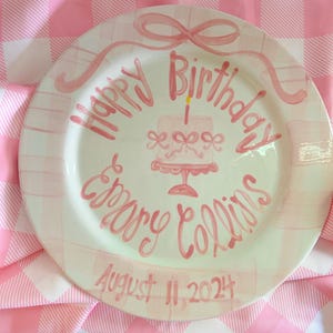 Personalized Birthday Plate, Hand-Painted Ceramic Heirloom bows, gingham and pedestal cake bild 2