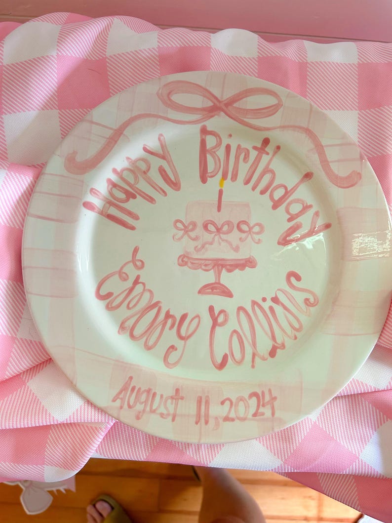 Personalized Birthday Plate, Hand-Painted Ceramic Heirloom bows, gingham and pedestal cake bild 2