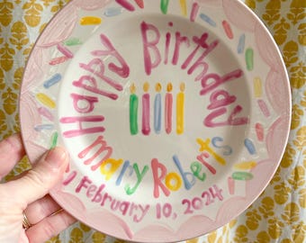 Personalized Hand-Painted Ceramic Birthday Plate, Pastel Candles Sprinkles