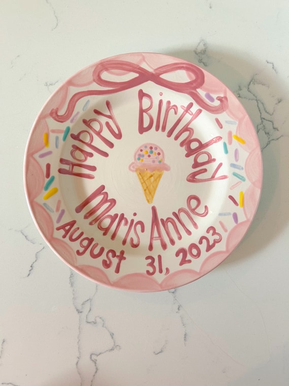Ice Cream and sprinkles birthday plate / pink and white // first birthday / blue and white / smash cake // 1st birthday // bow // two sweet
