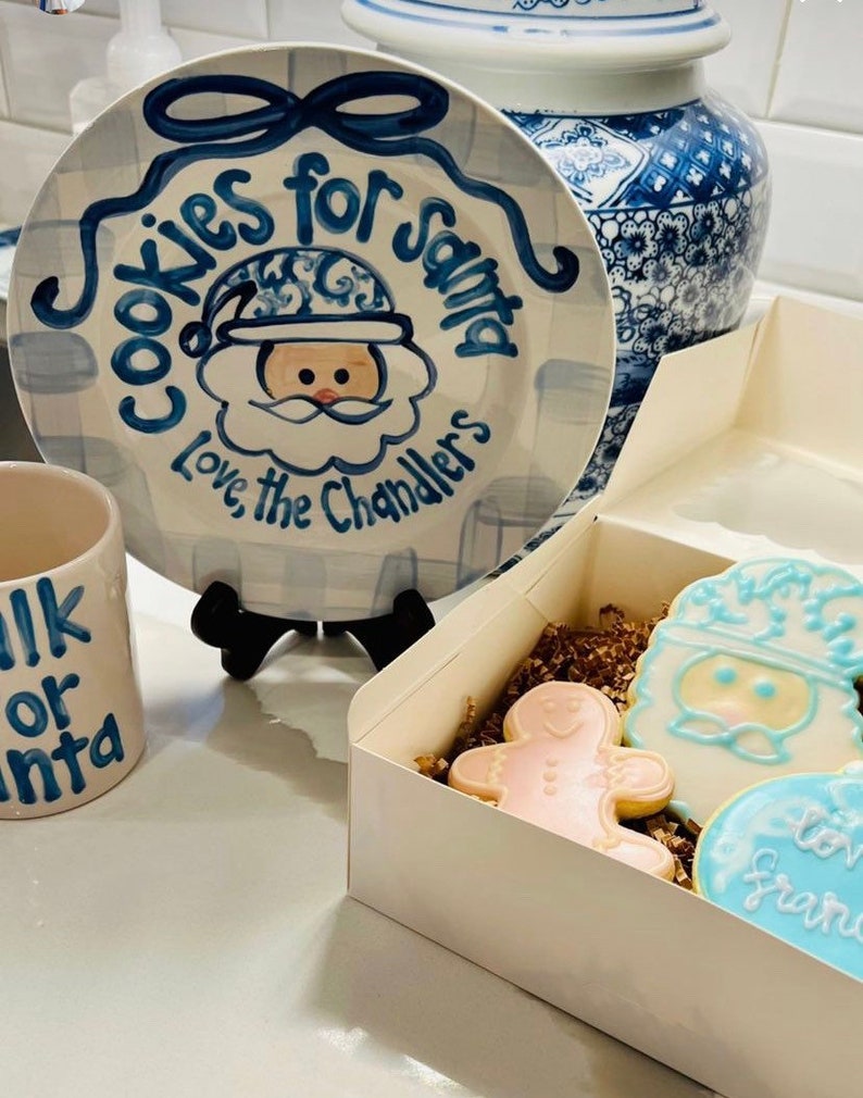 Blue gingham ribbon Cookies and milk for Santa personalized plate & mug / Christmas Plate / Chinoiserie image 3